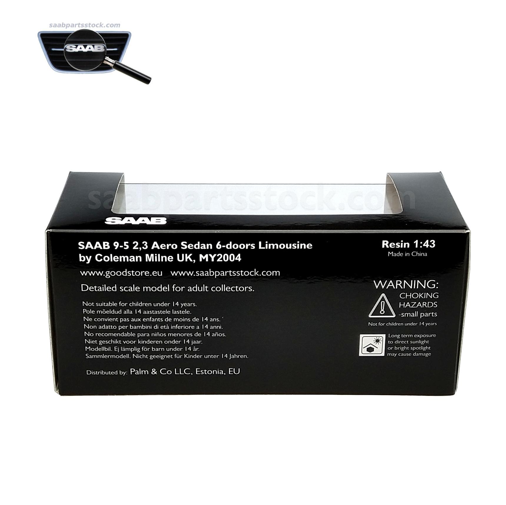 SAAB 9-5 Aero Sedan Limousine box back side-SaabPartsStock Scale Model SAAB 9-5 Aero Sedan Limousine 1:43 Limited Edit.