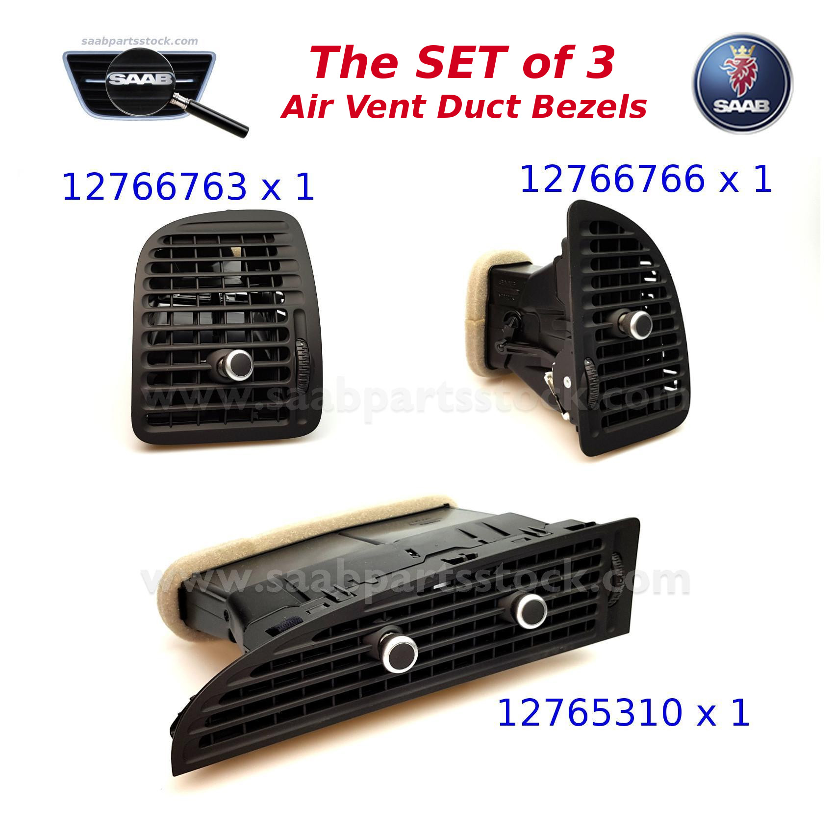 Set-of-3-Air-Outlet-SAAB-New-RHD-SaabPartsStock NEW SET of 3 SAAB OEM Air Outlets with Chromed Control Knobs